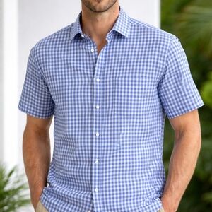 Brooks Brothers Irish Linen Shirt Mens M Blue Check Short Sleeve Summer Preppy